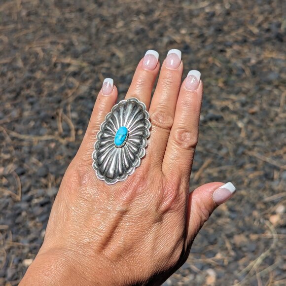 Navajo Concho Ring Kingman Turquoise Sterling Silver Native Am Jewelry sz 7.25US - Picture 8 of 10